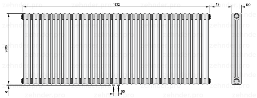 Схема (чертеж) Радиатор Zehnder Charleston 3280/42 №3470 Белый глянцевый RAL 9016